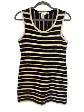 Max Studio Black White Striped Knit raised braid detail 100% cotton Mini Dress